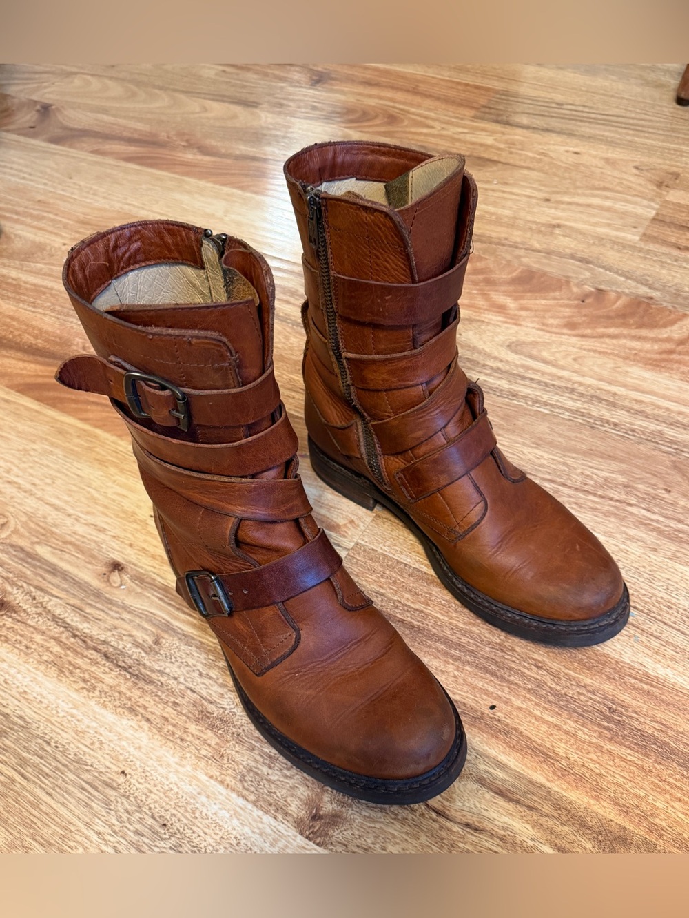 Frye Women’s Cognac Leather Strap Buckle Boots
